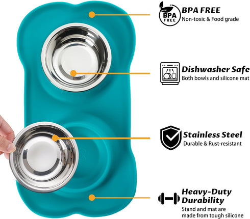 Hubulk Pet Dog Bowls 2 Stainless Steel Dog Bowl with No Spill Non-Skid Silicone Mat + Pet Food Scoop Water and Food Feeder Bowls for Feeding Small...
