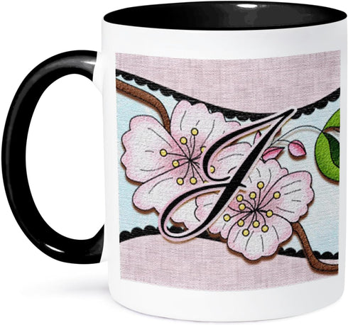3dRose Cherry Blossom Flower Monogram Initial J Two Tone Mug, 11 oz, Black/White...
