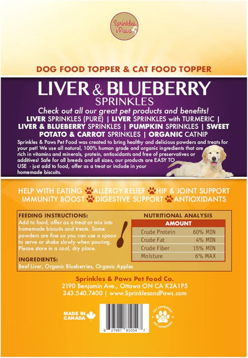 Sprinkles & Paws Liver & Blueberry Sprinkles with Apple Dog Food Topper | Made with Organic Fruit (Powder) | Add to Food or Homemade Biscuits, Low...