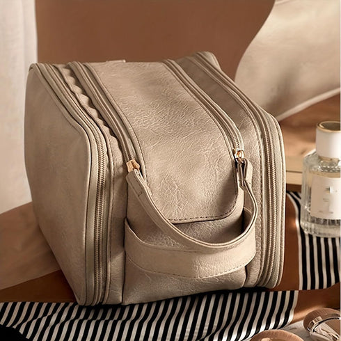 Multi-Functional Leather Cosmetic Organizer Bag - Waterproof Makeup Storage for Home and Travel - Nail Polish, Brush Holder, Skincare Essentials C...