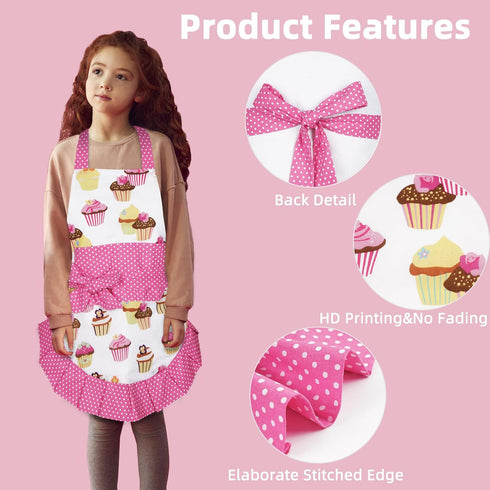 Claswcalor 100% Cotton Kids Girls Aprons for Cooking Cute Toddler Cupcake Baking Apron Adjustable Kitchen Pink Apron for Children Daughters Little...