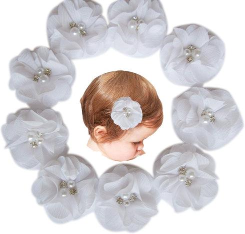 Baby Girls Chiffon Flower Hair Clips with Rhinestones and Pearl,YYCRAFT 10 pcs Party Wedding 2" Hair Accessory for Kids Toddler Infant Girls(Snow ...