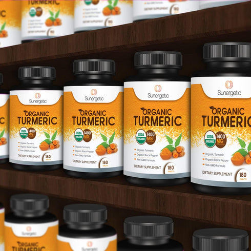 Sunergetic USDA Certified Organic Turmeric Supplement – Includes Organic Turmeric & Organic Black Pepper – 1,400mg of Turmeric per Serving - 180 C...