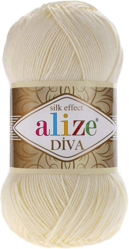 Alize Diva Silk Effect 100% Microfiber Acrylic Yarn 1 Ball skeins 100gr 383yds Color (1 - Cream)...