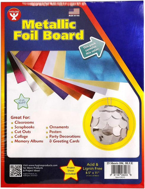 Hygloss Metallic Foil Board Stock Sheets Arts & Crafts, Classroom Activities & Card Making, 25 Pack, 8.5 x 11-Inch, Dark Blue, 25 Count...