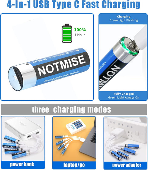 USB AA Rechargeable Battery Pack – 4X Fast Charging Lithium Battery AA Batteries USB Type C Charging Cable Replacement Battery 1.5v 2500mWh Lithiu...