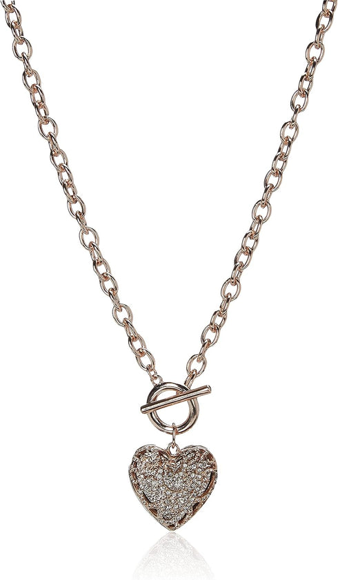 GUESS Rose Gold-Tone Pave Crystal Glass Stone Heart Pendant Toggle Necklace...
