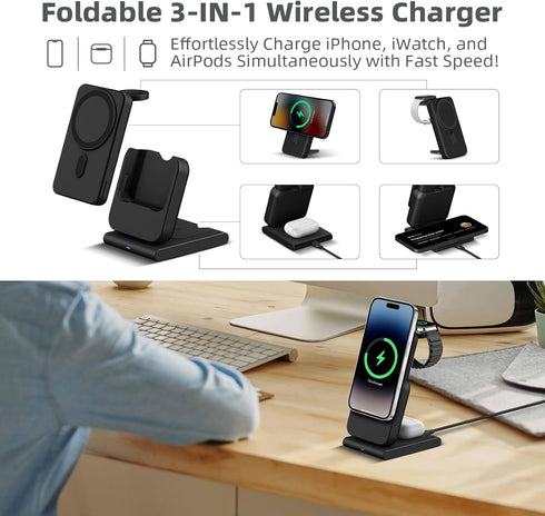 DDUAN 3 in 1 Wireless Charging Station, Foldable Fast Charger Stand with 5000mAh Mag-Safe Portable Battery Bank for iPhone 15/14/13/12, for All Ap...