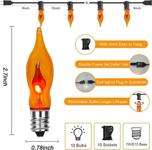Halloween Orange Flickering Flame String Lights, C18 Halloween Decorations Lights Outdoor with 10 Orange Flicker Flame Bulb for Christmas Fireplac...