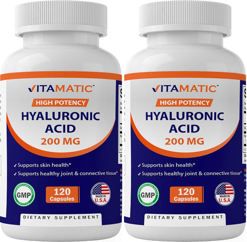 Vitamatic 2 Pack Hyaluronic Acid Supplements 200mg - Supports Healthy Connective Tissue and Joints - Promote Youthful Healthy Skin - Total 240 Cap...