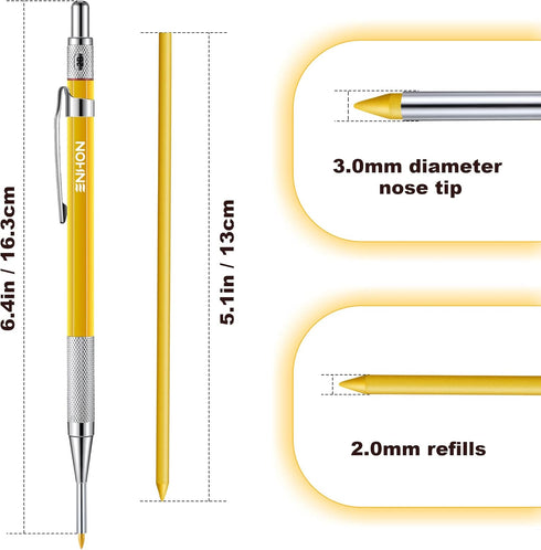 Enhon 2mm Mechanical Carpenter Pencil Set with 12 Marker Refills and Sharpener, Woodworking Marking Tool Solid Deep Hole Construction Pencil, Exte...