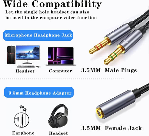 Headphone Splitter Aux Splitter 2 Male 1 Female for PC Headphone Microphone 2-in-1 Adapter 1/8 inch TRS Audio Splitter -0.3M 1FT......