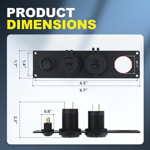 12V USB Outlet Socket Panel 12V DC 4.8A Dual USB Power Outlet & 12 Volt Cigarette Lighter Socket & Lighted ON/Off Rocker Toggle Switch for Marine ...