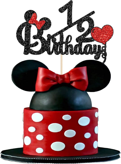Happy 1/2 Birthday Cake Topper, Black and Red Glitter Mouse Theme Baby Shower Sign, Carton Theme Cake Decoration, 6 Months Birthday Party Supplies...