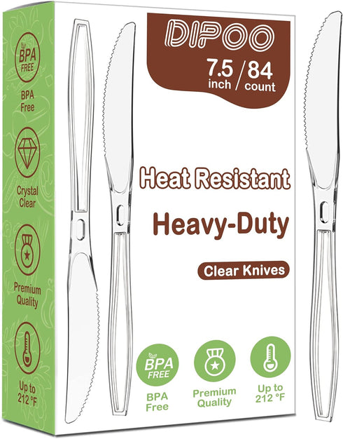 7.5" Clear Plastic Knives Heavy Duty Upgraded Heat Resistant & BPA Free, Solid and Durable Plastic Cutlery, Premium Disposable Knives, for Party S...