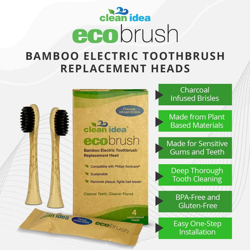 Electric Toothbrush Replacement Heads 4pk – Charcoal Infused Bamboo - Sustainable BPA Free Electric Toothbrush Heads...