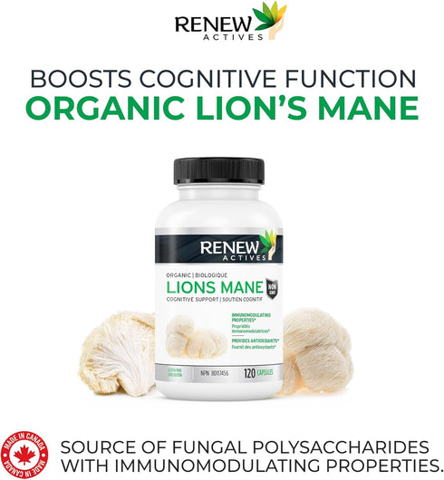 Renew Actives Organic Lions Mane Mushroom Supplement - 40% Polysaccharides, Immune Wellness & Rich in Antioxidant - 120 Capsules...