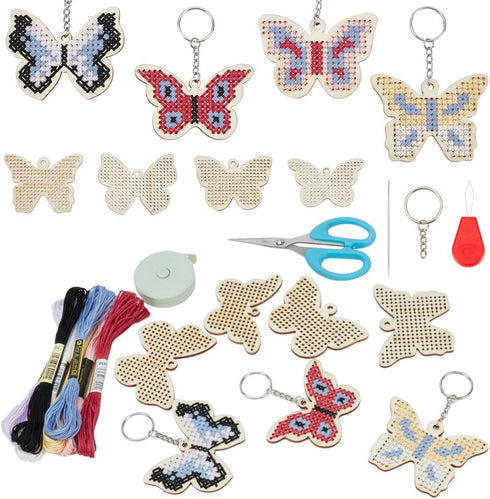 FREEBLOSS 16 Set Wooden Cross Stitch Kits DIY Keychain Wooden Embroidery Set Butterfly Wooden Threading Kit with Instruction Sewing Kits for Ages ...