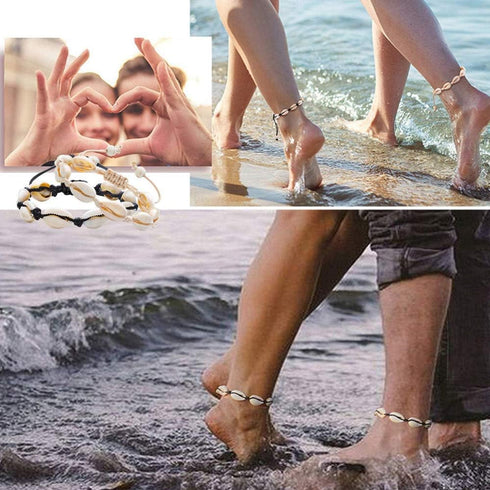 4 Pack Adjustable Shell Bracelets Anklets Set Natural Cowrie Shell Beads Puka Seashells Ankle Jewelry for Men Women Valentine's Day Gifts...