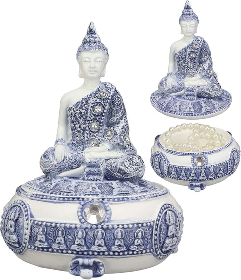 Ebros Gift Bhumisparsha Mudra Buddha Amitabha Meditating Terracotta Blue And White Round Jewelry Box Figurine 5.25"Diameter Buddhist Eastern Enlig...