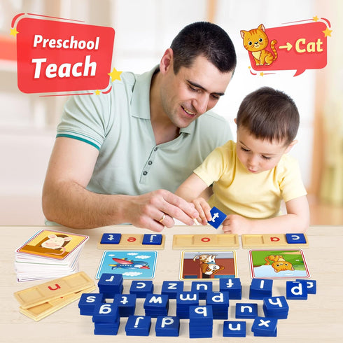 Wooden CVC Reading Spelling Game for Kids, Sight Words Flash Cards for Preschool Kindergarden Learning Activities, Montessori Educational Toys Gif...