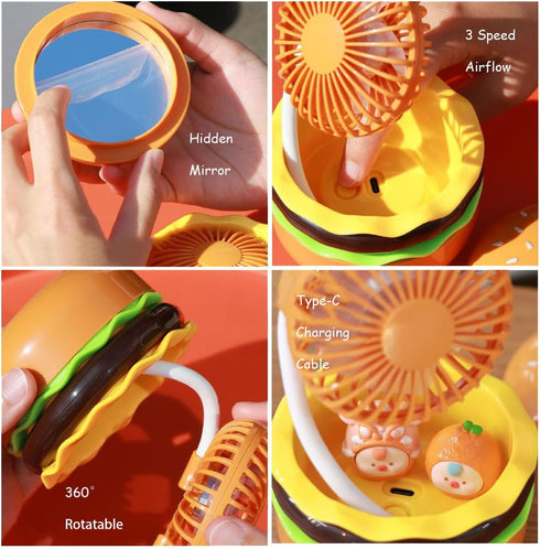 Portable Mini Desk Fan with Mirror, 3 Speeds Airflow, 360° Rotation, USB Rechargeable, Burger Shape Summer Gift Table Fan Handheld (Brown)...