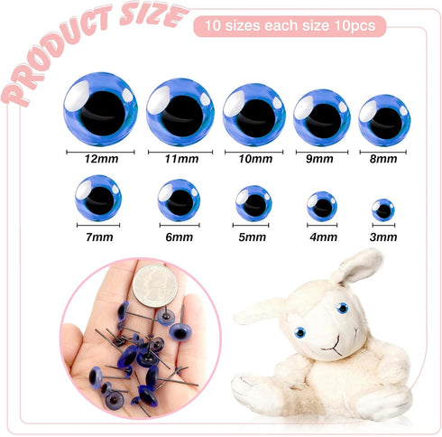 TOAOB 100pcs Blue Glass Eyes Kits 3mm to 12mm Assorted Sizes for Crafts Needle Felting Bears Dolls Decoys Sewing...
