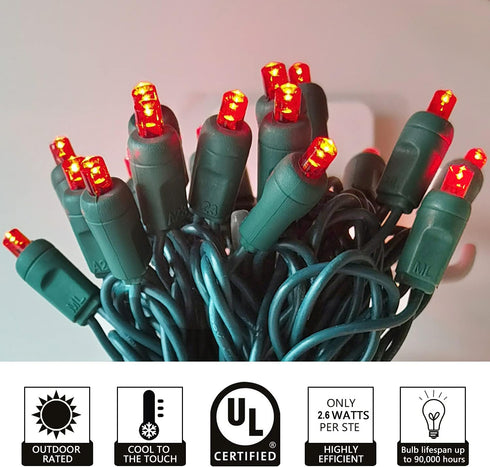 Christmas Lights 50 Red LED 17FT Mini LED string Lights, 120V UL, Green Wire XMAS Lights for Indoor & Outdoor Use, Holiday Party Decorations, Tree...
