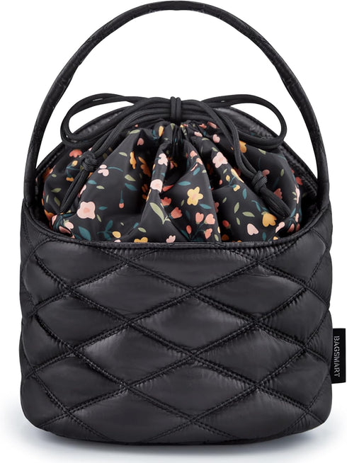 BAGSMART Barrel Drawstring Makeup Bag, Travel Toiletry Bag, Large Cosmetic Bag, Portable Make Up Bags for Women Toiletries Accessories Brush, Blac...