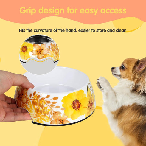 Pet Cats Dogs 2 in 1 Food Water Bowls - Non Slip Skid Proof Heavy Duty Pet Cats Dog Food Water Bowls for Feeding Drinking Medium Dogs (Yellow Flow...