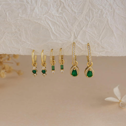 2/3 Pairs Dainty Small 14K Gold Plated Hoop Earring Set - Trendy Emerald Color CZ Drop Huggie Earrings for Women Jewelry Gift...
