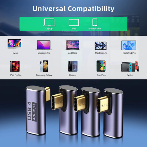 USB C Right Angle Adapter (4 Pack) USB C 90 Degree Adapter with 8K 60Hz Video 40 Gbps Data Transfer PD 100W Compatible for Thunderbolt 3/4, MacBoo...
