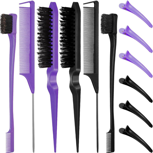 12 Pieces Hair Brush Set, Nylon Teasing Hair Brushes 3 Row Salon Teasing Brush, Double Sided Hair Edge Brush Smooth Comb Grooming, Rat Tail Combs ...