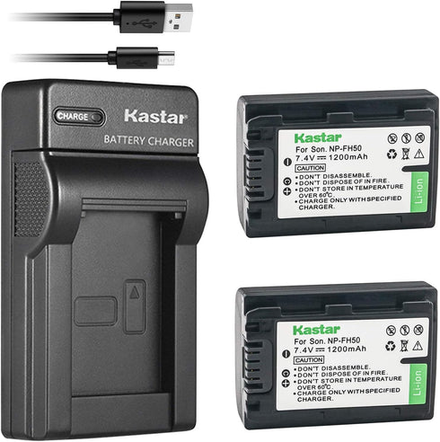 Kastar Battery (X2) & Slim USB Charger for Sony NP-FH50 NP-FH40 NP-FH30 NP-FP50 NP-FP51 and Sony A230 A290 A390 DSC-HX1 HX100 HX100V HX200 HX200V ...