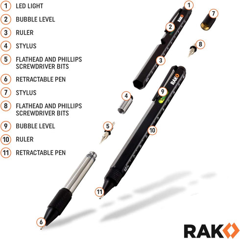 RAK Multi-Tool 2Pc Pen Set - LED Light, Touchscreen Stylus, Ruler, Level, Bottle Opener, Phillips Screwdriver, Flathead, and Ballpoint Pen...