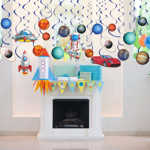 Blulu 30 Pcs Outer Space Party Decoration Hanging Swirls Blue Solar System Planet UFO Rocket Astronaut Foil Swirls Ceiling Hanging Decoration for ...