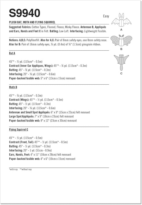 Simplicity Easy to Make Bat, Moth and Flying Squirrel Plush Animals Sewing Pattern Packet, Design Code S9940, Sizes Vary, Multicolor...