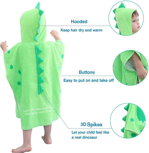 LOLANTA Children's Bath Towels with Hooded Dinosaur, Boys Beach Towel Pool Poncho Swim Cover-Ups 100% Cotton (Green#A-New,4-6 Years)...