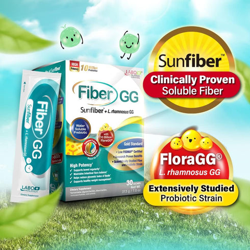 LABO Nutrition FiberGG, Lactobacillus Rhamnosus GG 10 Billion CFU Active Probiotics and 7g Sunfiber Prebiotic Fiber Supplement, Support Healthy In...