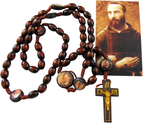 St Pio Devotional Wooden Bead Cord Rosary Gift Set with Saint Prayer Card and Bag...