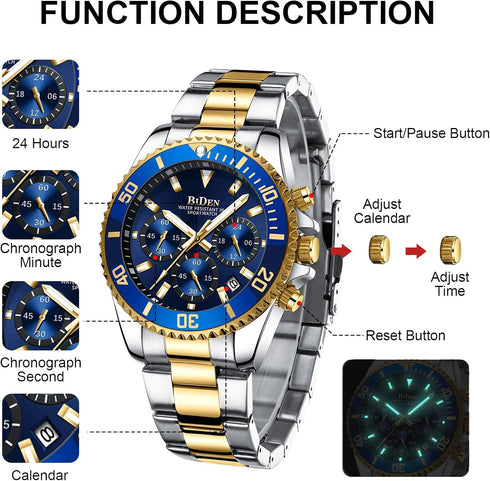 BIDEN Mens Watches Chronograph Stainless Steel Waterproof Date Analog Quartz Watch Business Wrist Watches for Men...