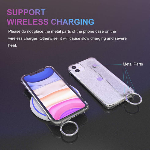 iPhone 11 Clear Glitter Case with Hand Strap, Soft Silicone Gel Rubber Sparkle Bling Cover Case with Adjustable Wrist Strap Stand Holder for Girls...