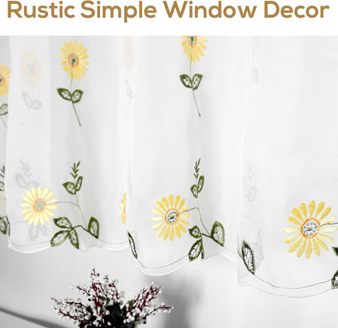 Sheer Embroidery Valance for Window with Daisy - Short Farmhouse Flower Kitchen White Curtain, 17x70inch, 1 Panel, ZHH...