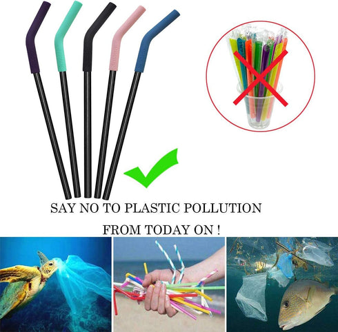 Senneny Set of 5 Stainless Steel Straws with Silicone Flex Tips Elbows Cover, 2 Cleaning Brushes and 1 Portable Bag Included (Black)- 8mm diameter...