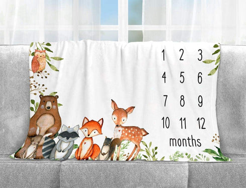 Woodland Animals Baby Milestone Blanket with Birth Stat Sign, Forest Baby Growth Chart Monthly Blanket, Watch Me Grow Woodland Baby Nursery for Ne...