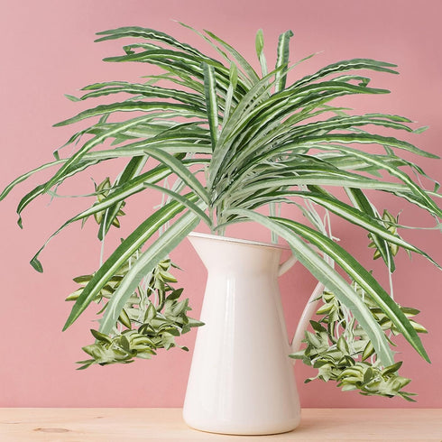 GWOKWAI 2Pcs Artificial Chlorophytum, 25.5in Faux Plant Hanging Basket Simulation Ivy Green Leaves Fake Wall Hanging Plants for Home Garden Office...