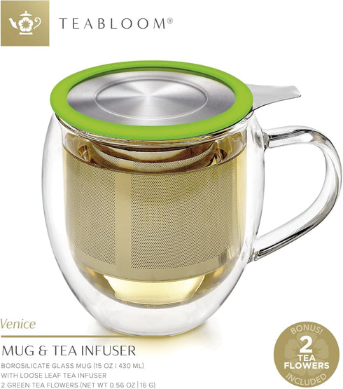 Teabloom Double-Wall Borosilicate Glass Mug with Stainless Steel Infuser and Lid – 15 OZ / 430 ML – 2 Gourmet Tea Flowers Included...