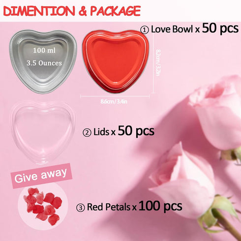 Heart Shaped Cake Pans for Baking with Red Petals, BLVRYVIO 50 Sets Aluminum Cupcake Cups with Lids, 100 ml/ 3.5 Ounces Red Disposable Mini Foil P...
