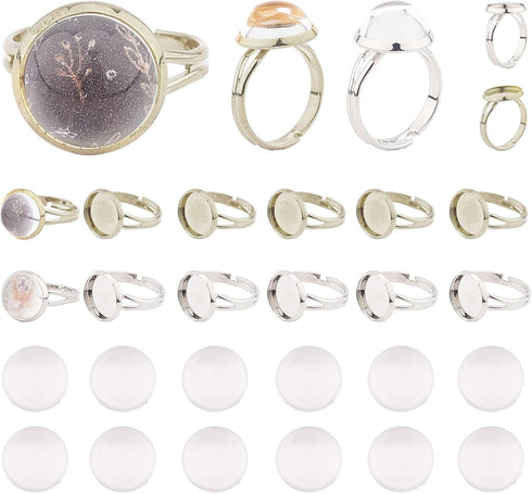 SUNNYCLUE 30Pcs 12mm Adjustable Cabochon Ring Settings with 30Pcs Round Glass Dome Cabochons Blank Finger Rings for DIY Ring Making Jewelry Making...