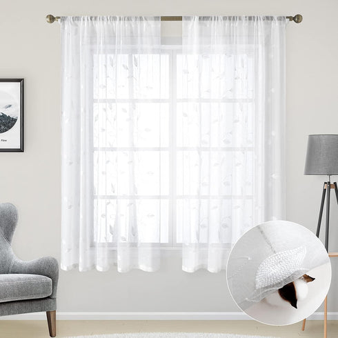 HOMEIDEAS White Sheer Curtains 52 X 63 Inches Length 2 Panels Embroidered Leaf Pattern Pocket Faux Linen Floral Semi Sheer Voile Window Curtains/D...